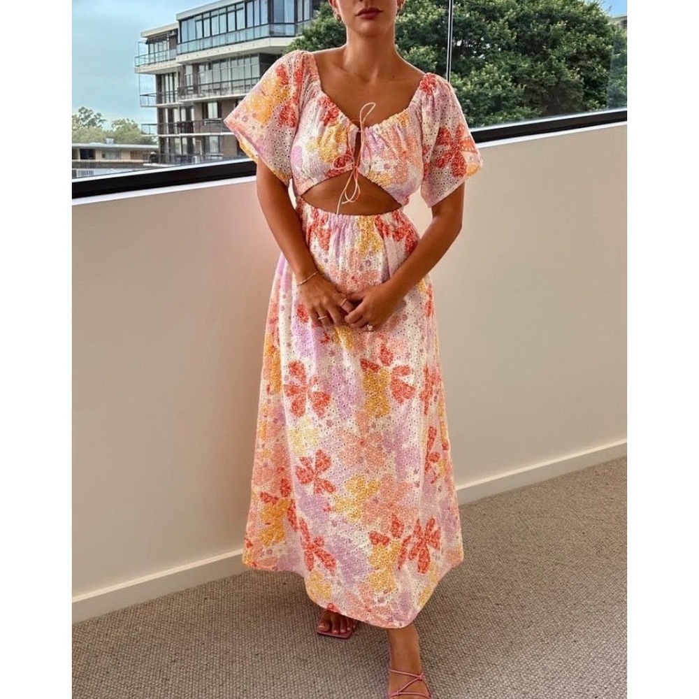 Sabo Luxe Nalu Off Shoulder Cutout Dress Floral Eyelet Maxi‎ Pink Orange USA 8 L